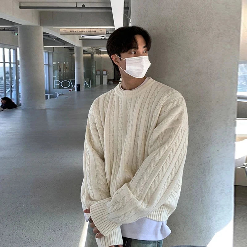 Winter Korean Fashion Jacquard Men Sweater Luxury Trendy O Neck Knitted Solid Color Pullover Leisure Long Sleeve Basic Knitwear voguable