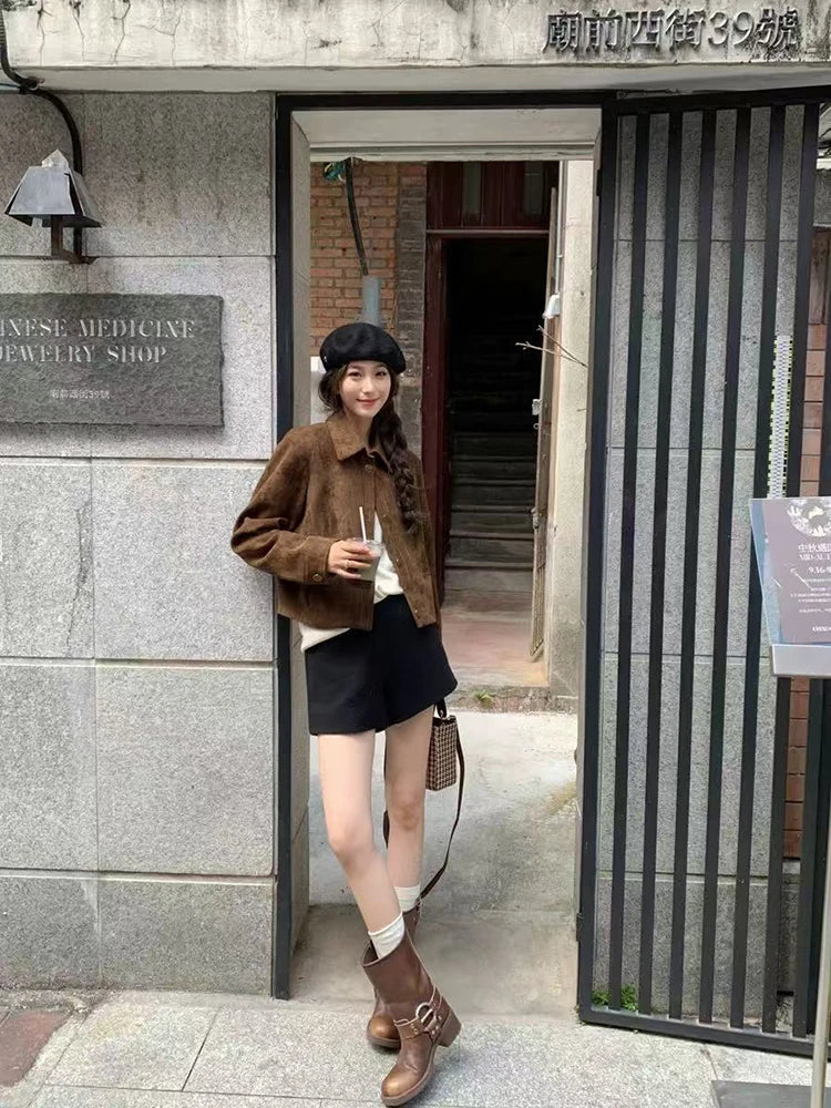 Coffee Suede Velvet Women Crop Jacket Loose Single Breasted Lapel Crop Coat Y2K Korean Chic Streetwear All Match Lady Outwear voguable