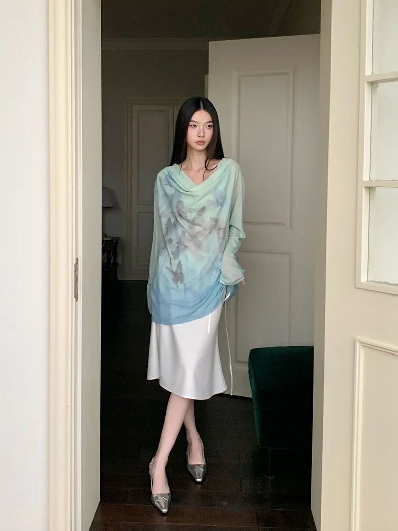 Gradient Fall 2025 Fashion Woman Oversize Graphic T Shirts Long Sleeve Top Cowls Blue Tee Autumn Streetwear Clothing voguable