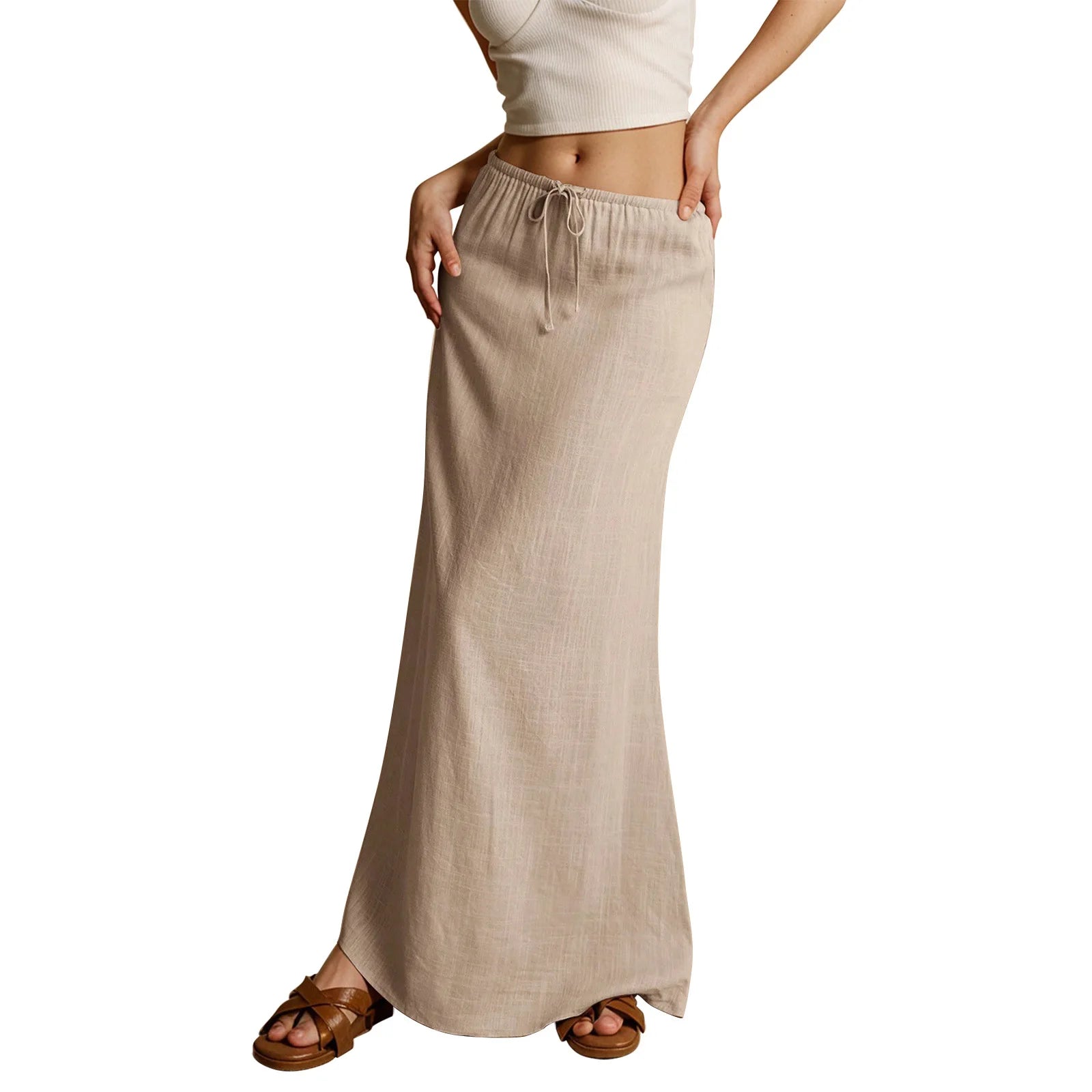 Voguable  Solid Color Straight Drawstring Elastic Waist Casual Ladies Skirt Summer Simple New Versatile Loose Long Skirt for Women voguable
