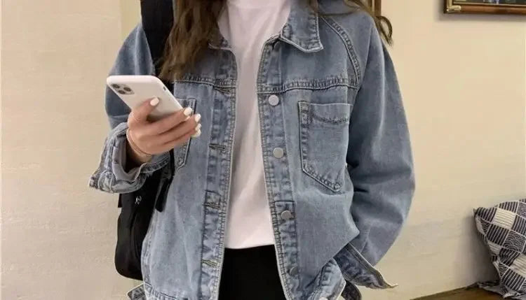Vintag Distressed Autumn New Denim Jackets Women Lapel Solid Pockets Button High Street Long Sleeve Loose Short Cowboy Coats Top voguable