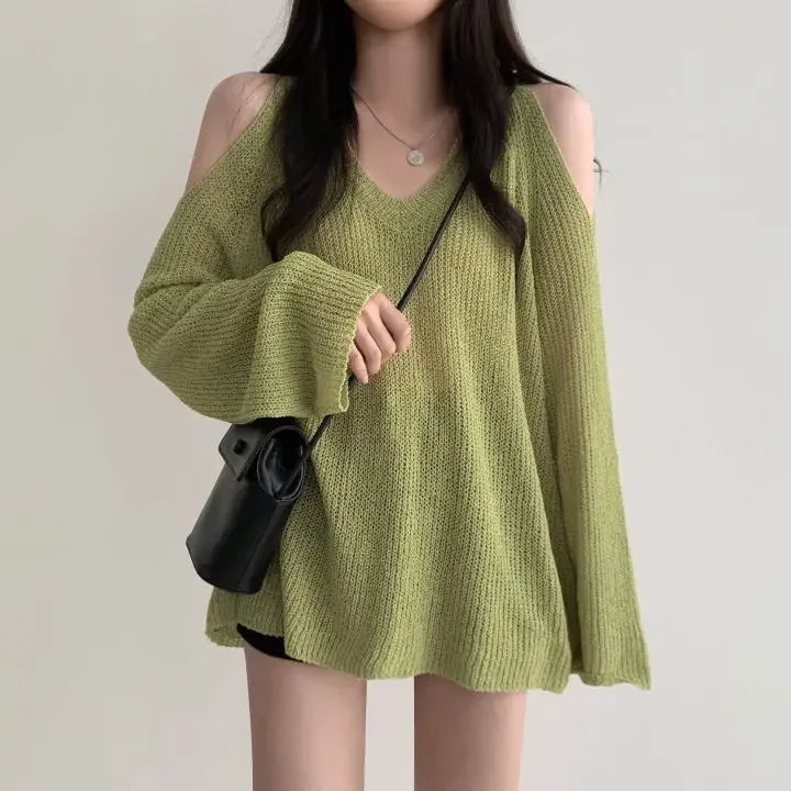 Sexy Off Shoulder Sweater Women V Neck Long Sleeve Thin Knitwear Korean Oversized Loose All Match Casual Female Pullovers New voguable