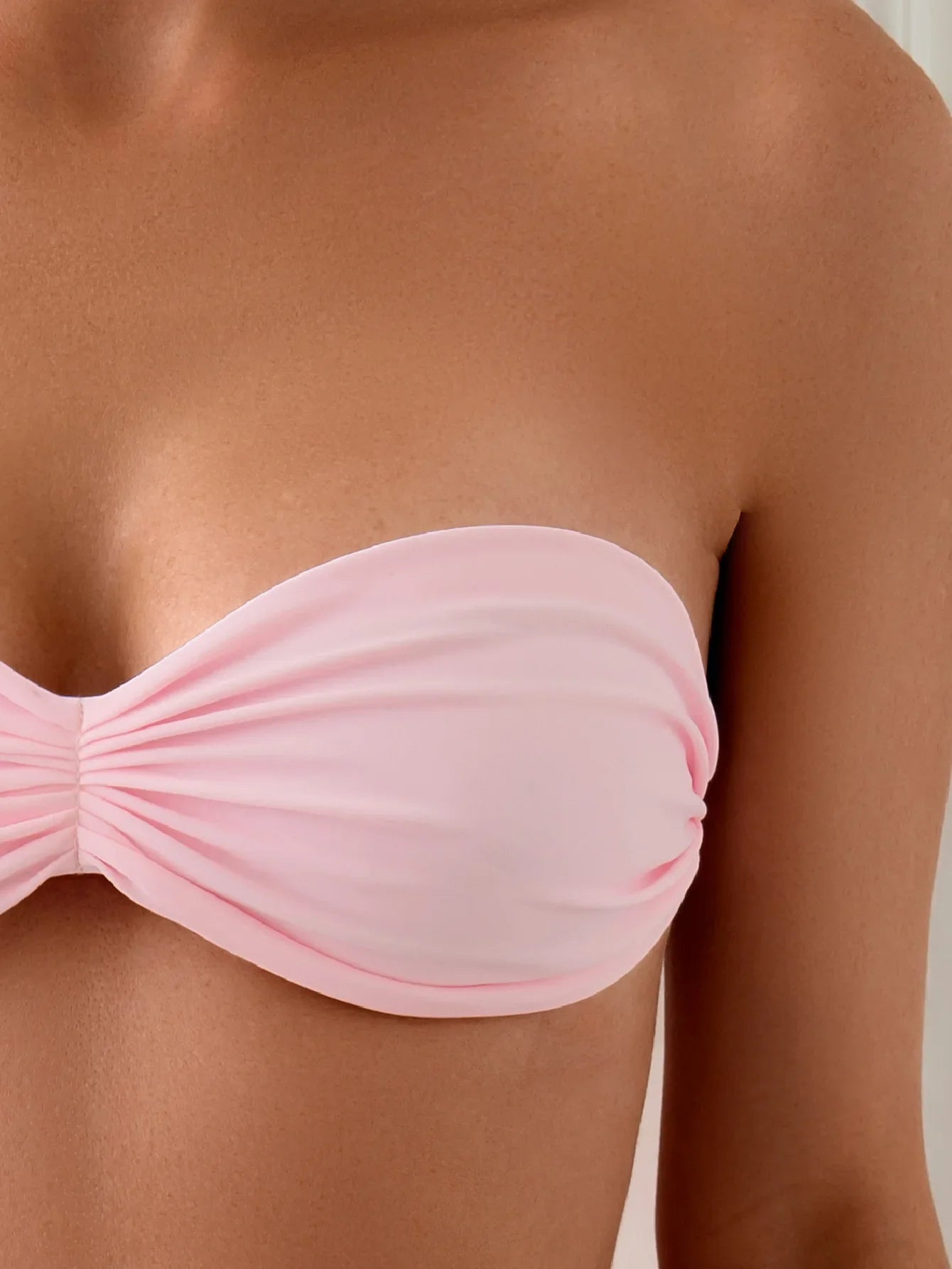 Voguable  Solid Color Pink Mini 2 Piece Swimsuit,Strapless Backless Bikini,summer Beach Vacation Bathing Suit,Pleated Swimwear  New voguable