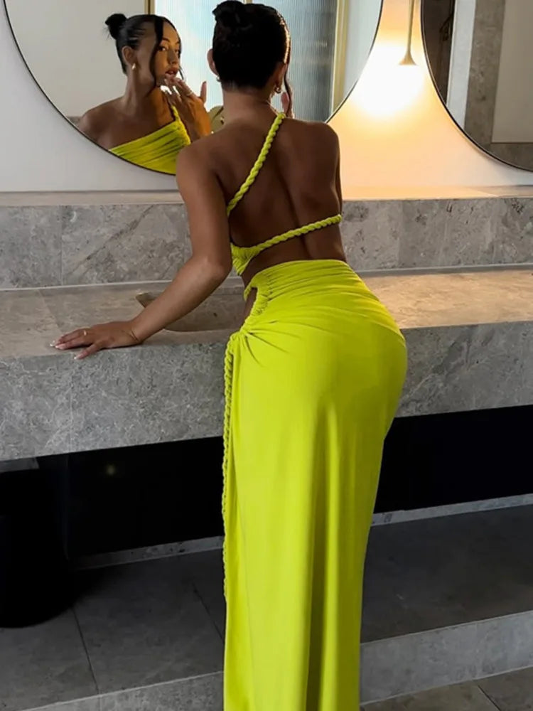 Green Sexy Two Piece Sets Women Oblique Shoulder Crop Tops And Maxi Skirt Female Thigh High Split Ruched Long Dress voguable