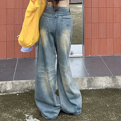 Voguable  Vintage Washed Distressed Wide Leg Jeans Woman Lazy Style High Waist Denim Long Pants Woman Korean Casual Loose Straight Jeans voguable