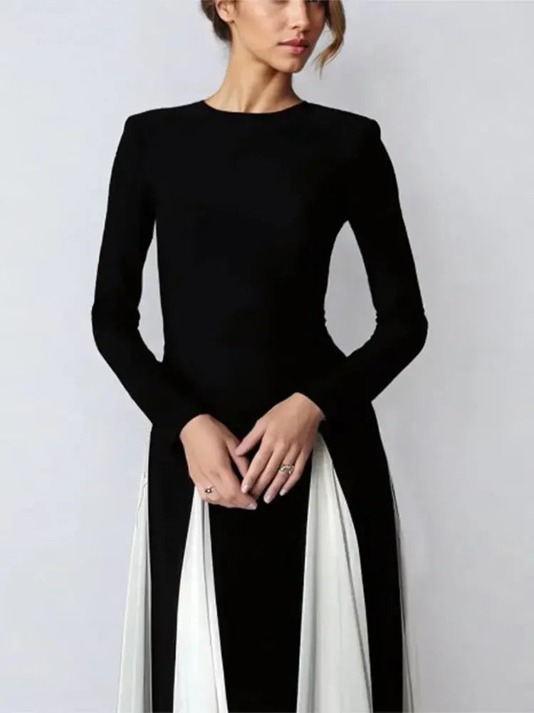 Elegant Black White Patchwork Maxi Dresses Women Fashion O-neck Long Sleeves Slim Dress New Female Evening Party Robes voguable
