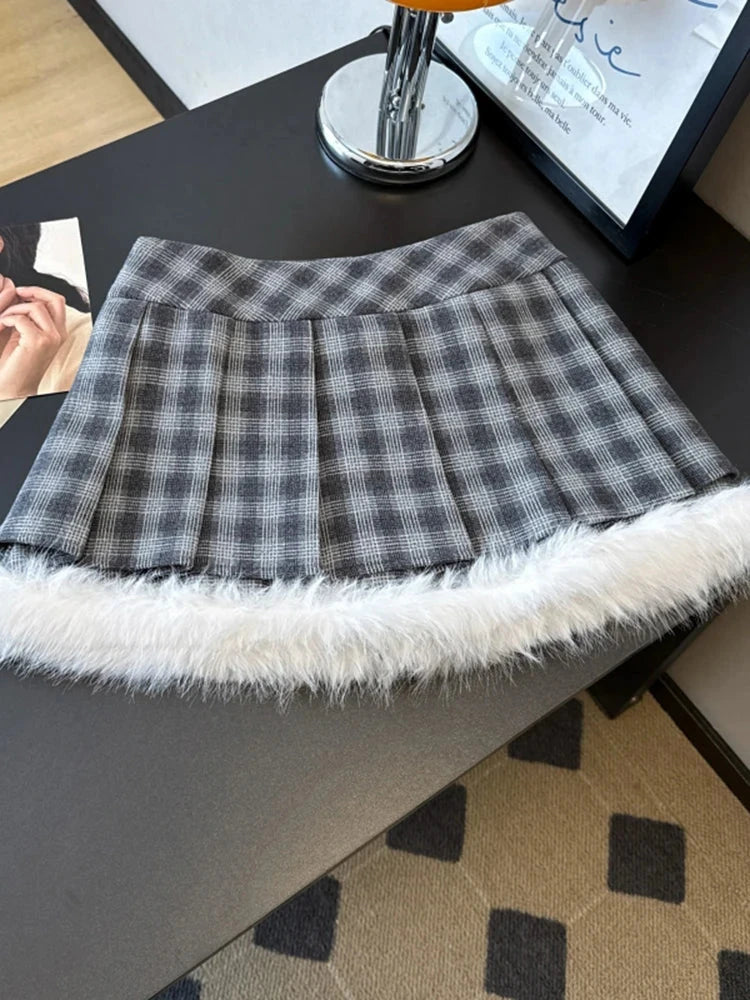 Sexy Sweet Plaid Skirt Women High Waist Faux Woolen Fashion Korean Mini Skirts Fall Winter Preppy Style Slim A Line Skirt voguable