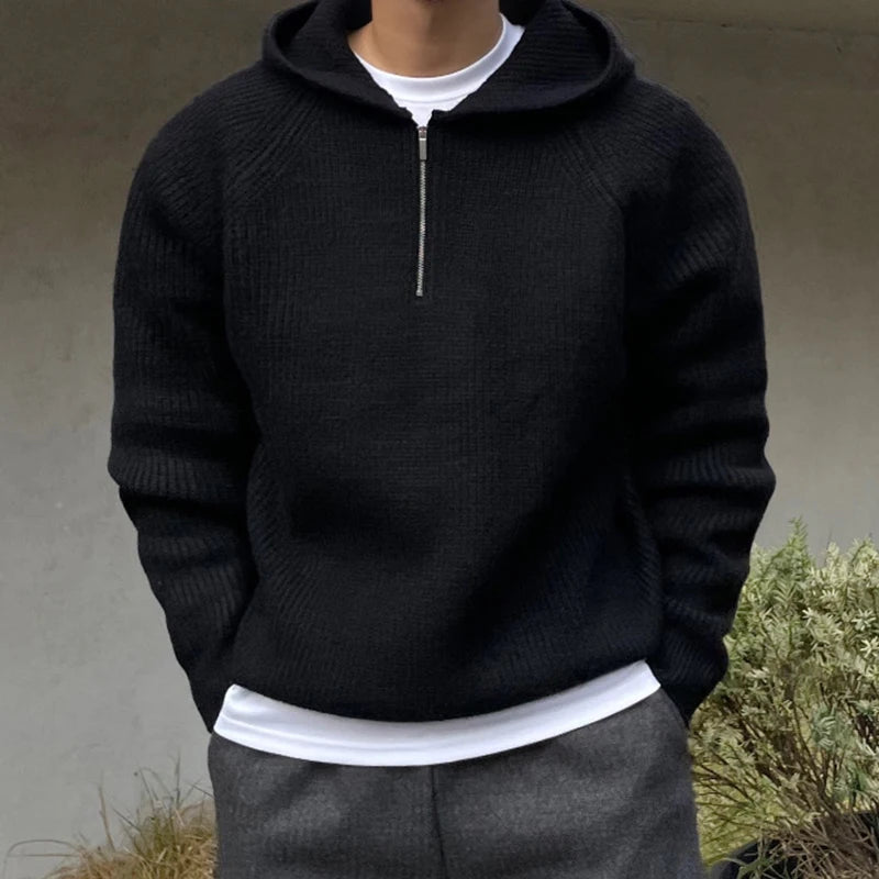 Winter Clothing Men's Luxury Knitted Zipper Hooded Pullovers Sweater Casual Streetwear Striped Solid Color Long Sleeve Hoodie voguable