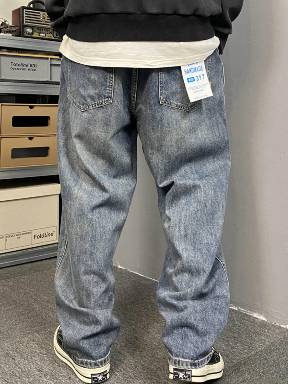 Voguable  American Style Casual Faded Wide Leg Jeans Men's Loose Fit plus Size Straight Cut Denim Pants Fashion Urban Wear Spring Autumn voguable