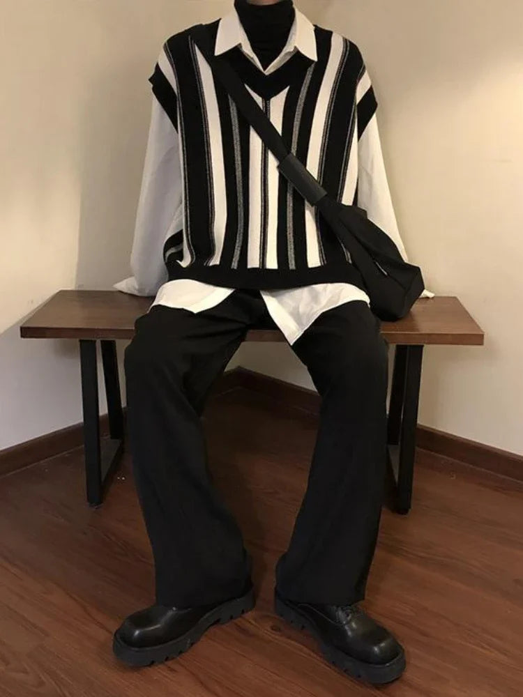 Knitted Sweaters for Men Y2k Vintage Waistcoat Man Clothes Striped Sleeveless Vest Aesthetic Black Korean Fashion Casual Cotton voguable