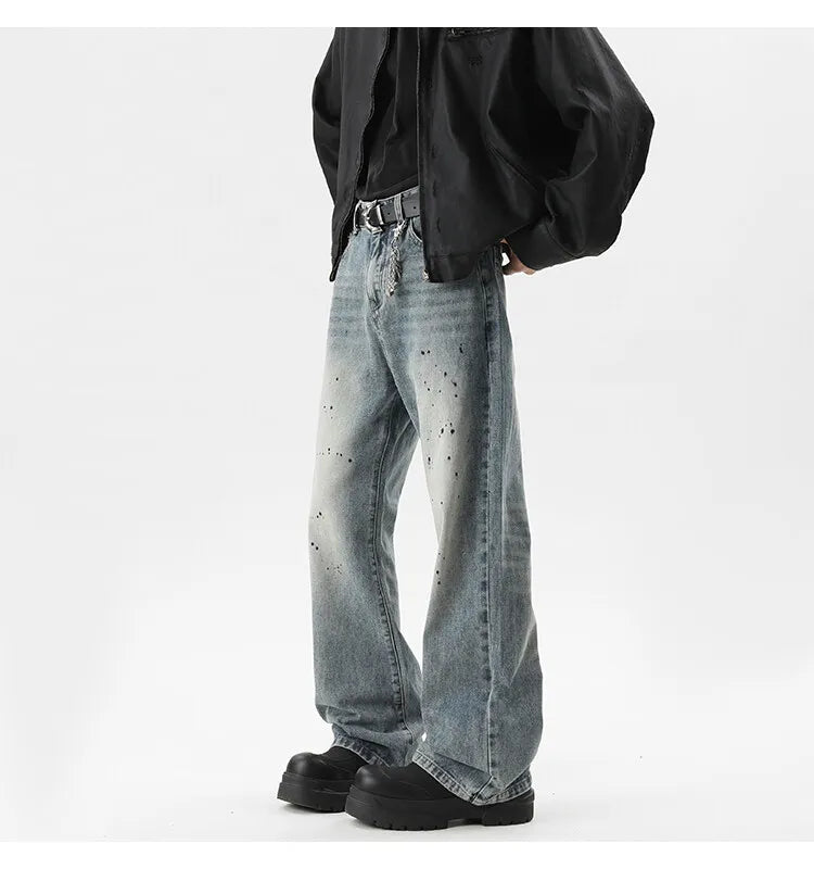 Summer Men's Denim Pants Old Blue Washed Male Jeans Straight fleck Casual Menwear Loose Wide Leg Trousers 2024 New Fashion voguable