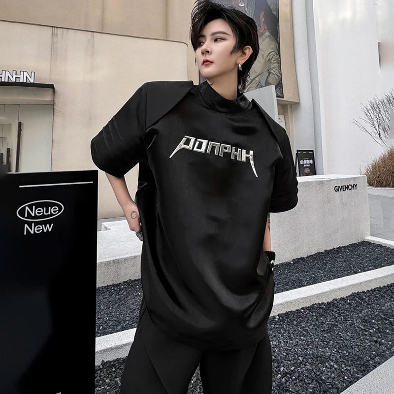 Voguable  Stylish Street Letter Splicing Design Short Sleeve Tops Men's Personality Shoulder Pad Original Handsome T Shirts voguable