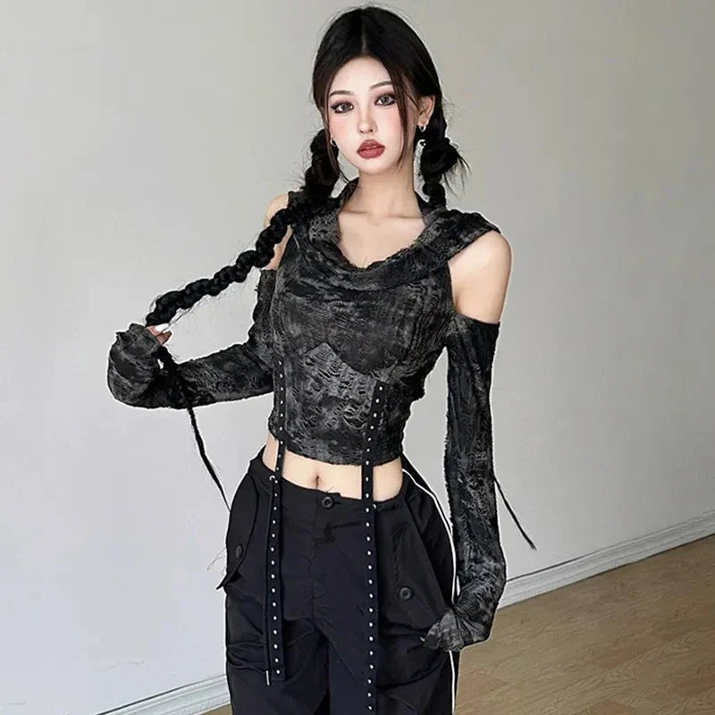 Y2K Hollow Out Hooded Women T Shirt Gothic Streetwear Sexy Off Shoulder Long Sleeve Tops Autumn New Fashion Slim Black Crop Tees voguable