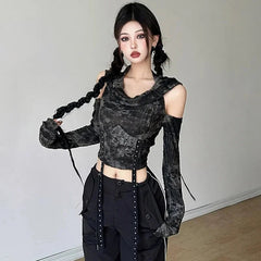 Y2K Hollow Out Hooded Women T Shirt Gothic Streetwear Sexy Off Shoulder Long Sleeve Tops Autumn New Fashion Slim Black Crop Tees voguable