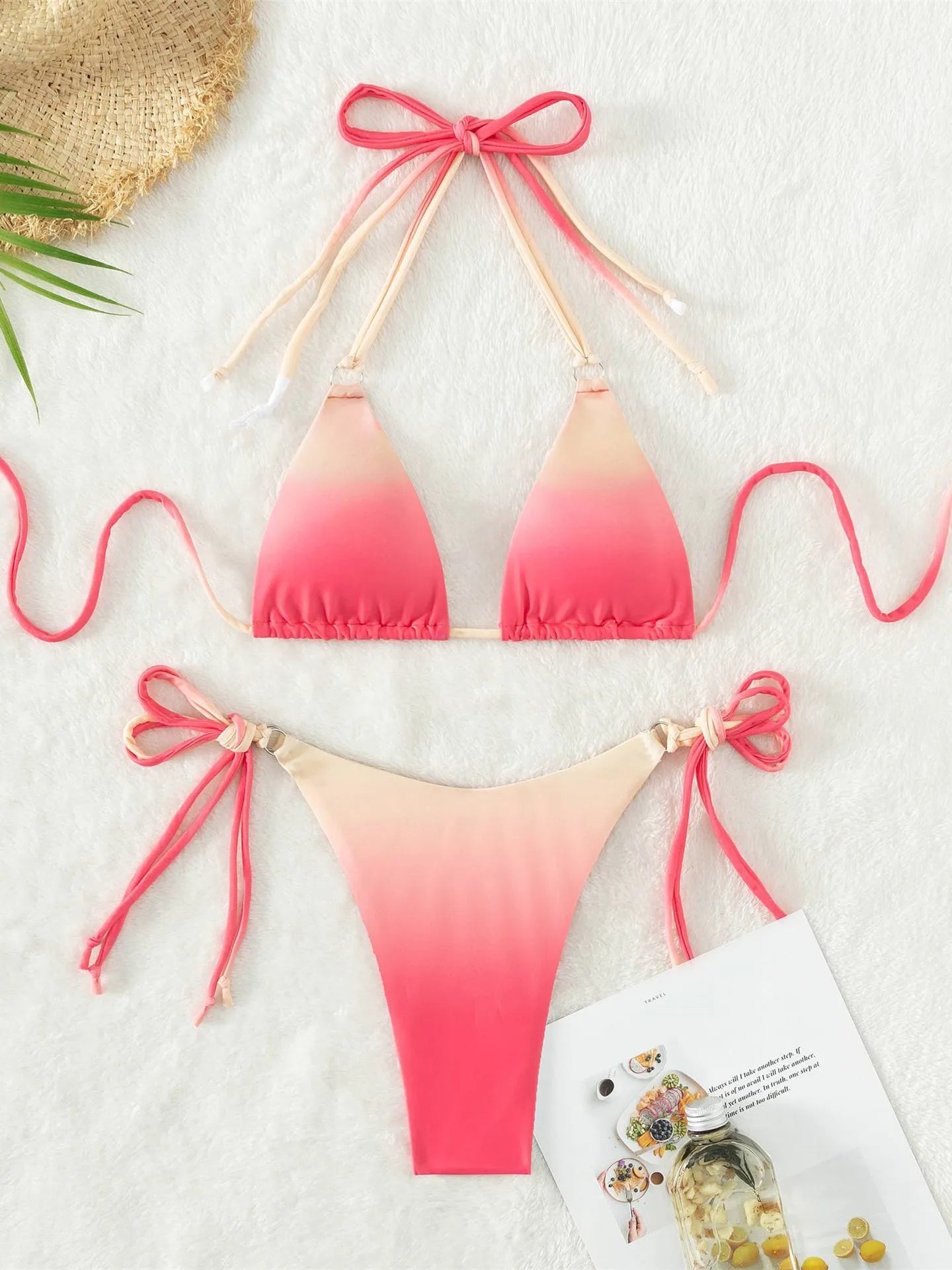 Voguable Sexy Micro Bikini 2024 Women Pink Gradient Push Up Bikinis Sets Biquini Ribbed Bathing Suit Tie Side Triangle Swimwear Beachwear voguable