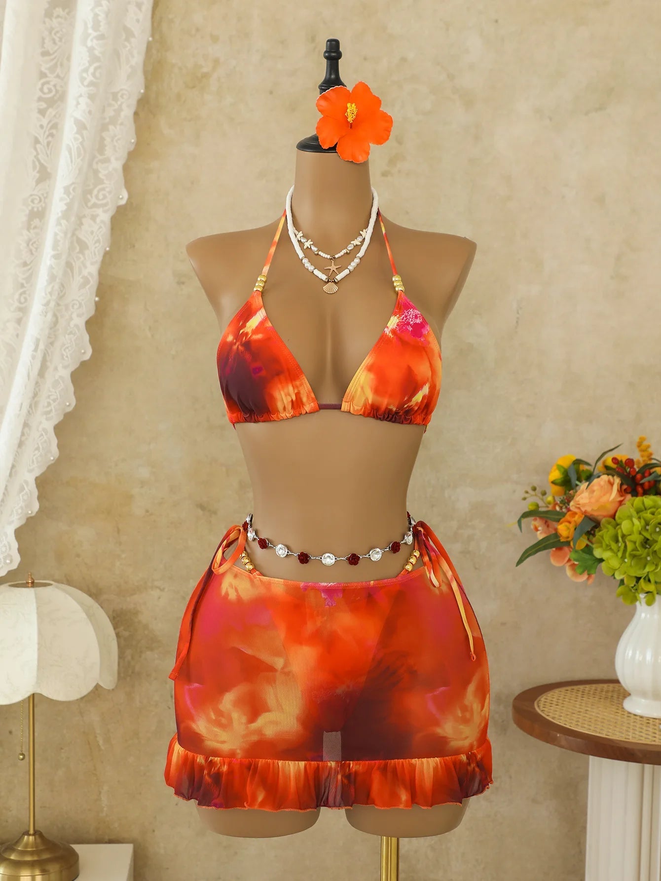 Voguable  Women Ombre Floral 3 Piece Bikini Set Bead Halter Triangle Top Side Tie Ruffle Hem Mesh Cover Up Skirt Beach Swimwear Bikinis voguable