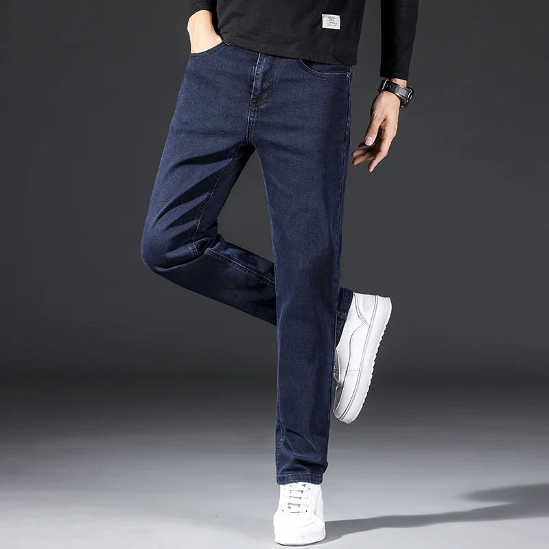 Fashionable Business Casual Jeans Spring and Autumn Men's Elastic Solid Color Long Pants Men's Loose Fitting Straight Leg Jeans voguable