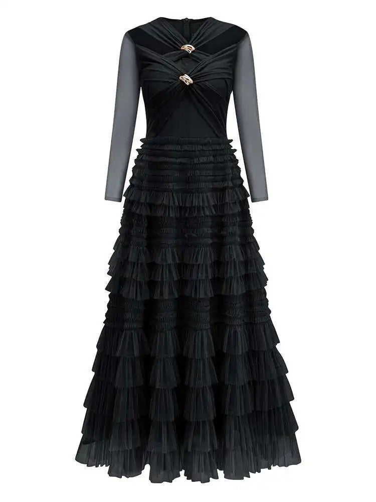 Solid Lace Mesh Spliced Dresess For Women Round Neck High Waist Long Sleeve Elegant Dress Female Spring 2025 New voguable