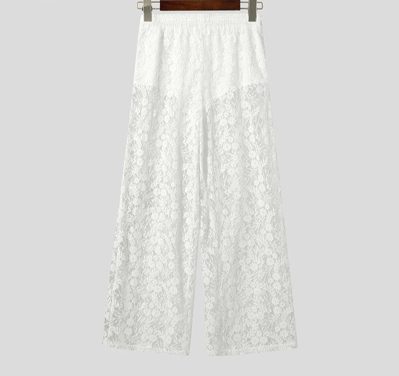 Lace Long Pants Men Casual Pants See-through Long Trousers Party Streetwear Fashion Solid Color Summer Hollow Out Pants voguable