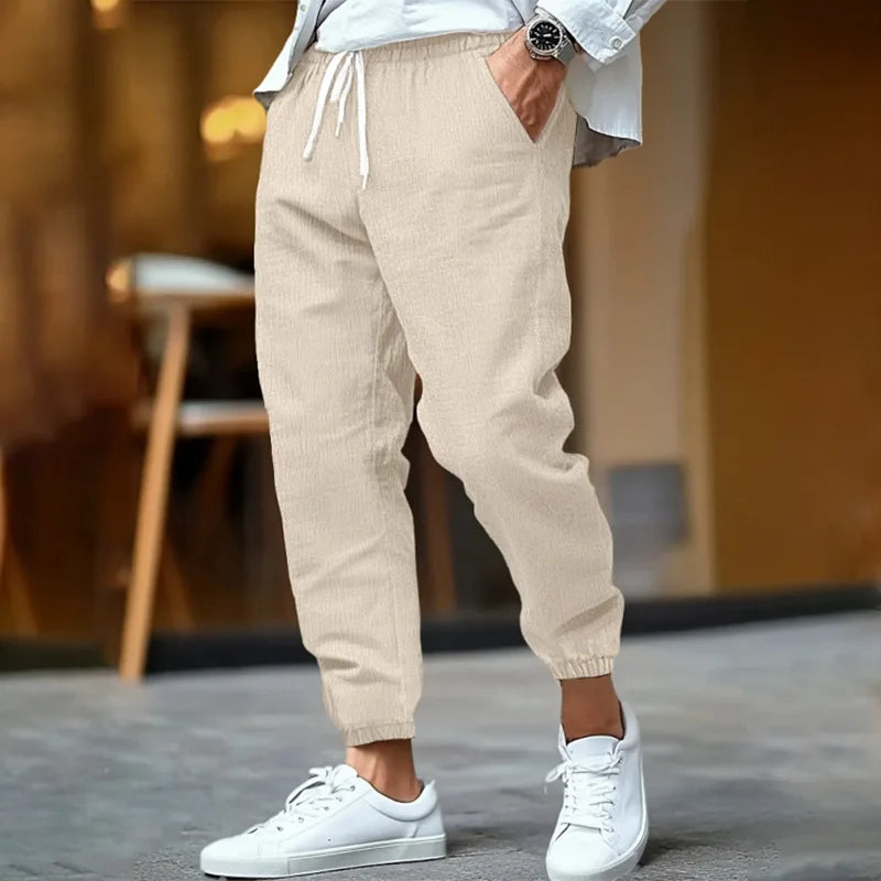 Voguable  Men's Cotton Linen Jogger Pants Spring Summer Elastic Waist Straight Fit Mid Rise Solid Color Breathable Tapered Trousers voguable