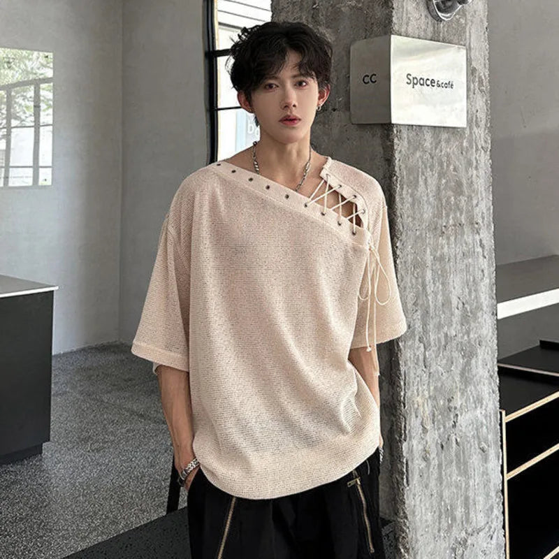 Korean Style Men's T-shirts Short Sleeve Casual Lace-up Design Solid Color Tees Hollow Out Loose Male Tops Summer 9W3719 voguable
