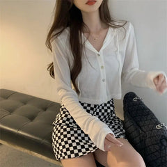 Voguable  Summer Fall Short Jacket Ribbed Long Sleeve Hooded Tops Women Autumn Outerwear Thin Coat Korean Style Cropped Cardigan voguable