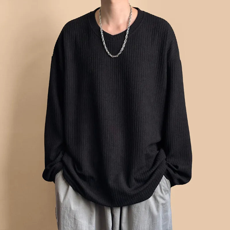 Spring New Striped Textural T-shirt For Men Long Sleeve Simple All-match Tops Korean Casual Solid Color Male Female Loose Tees