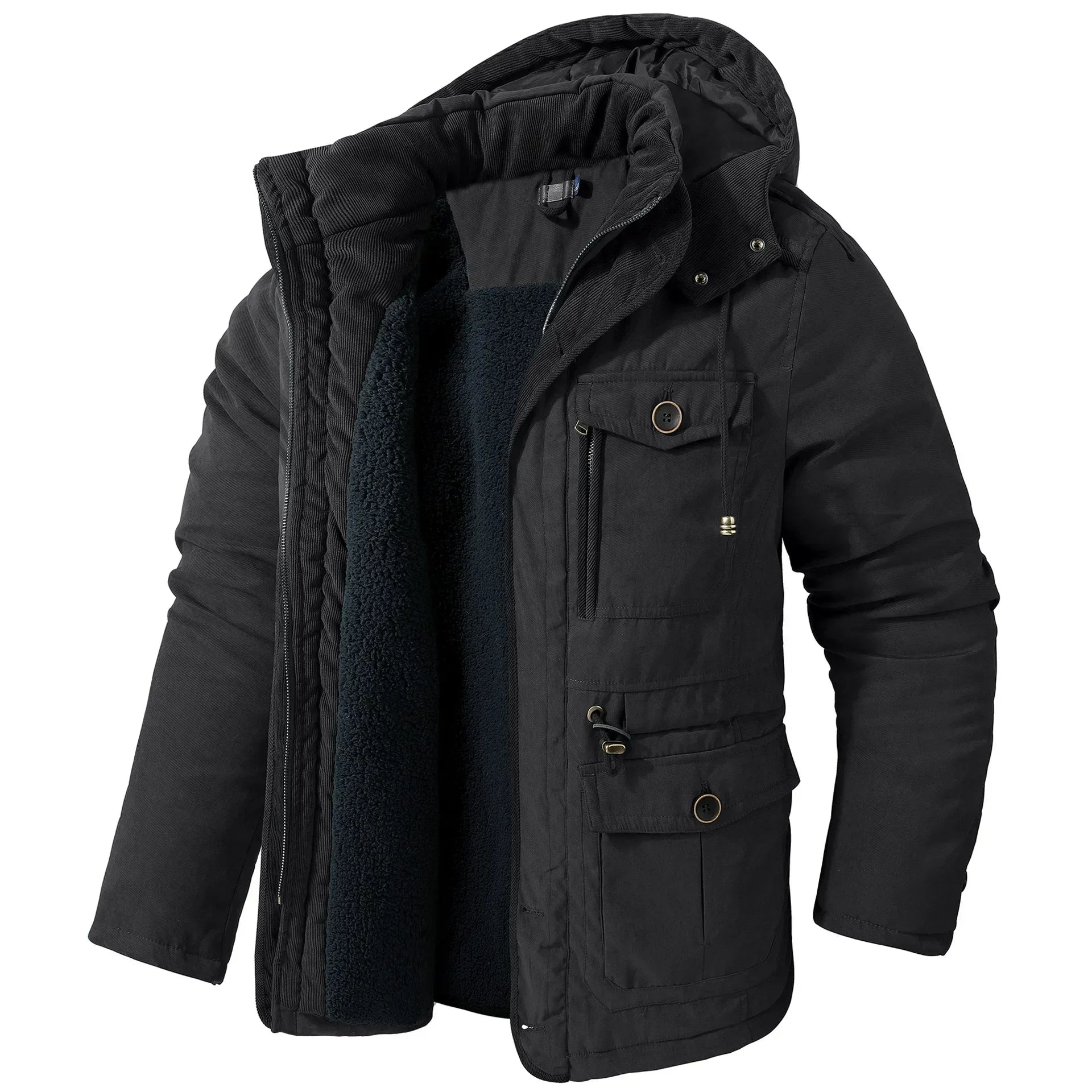 Lamb Warm Men's Parkas Jacket Hooded Winter Men's Clothing Fleece Hooded Cotton Thickened Multi Pocket Casual Mid Length Coat voguable