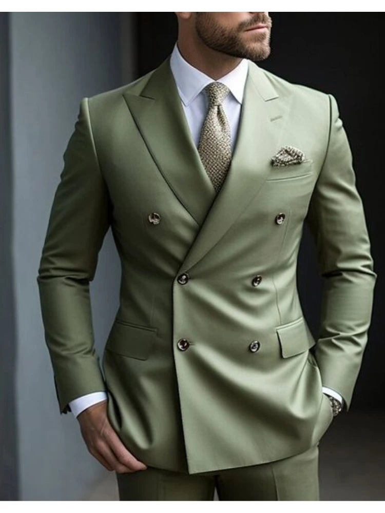 Voguable Sage Green Men's Wedding Suits Solid Color 2 Piece Daily Plus Size Double Breasted Six-buttons Formal Business Suits voguable