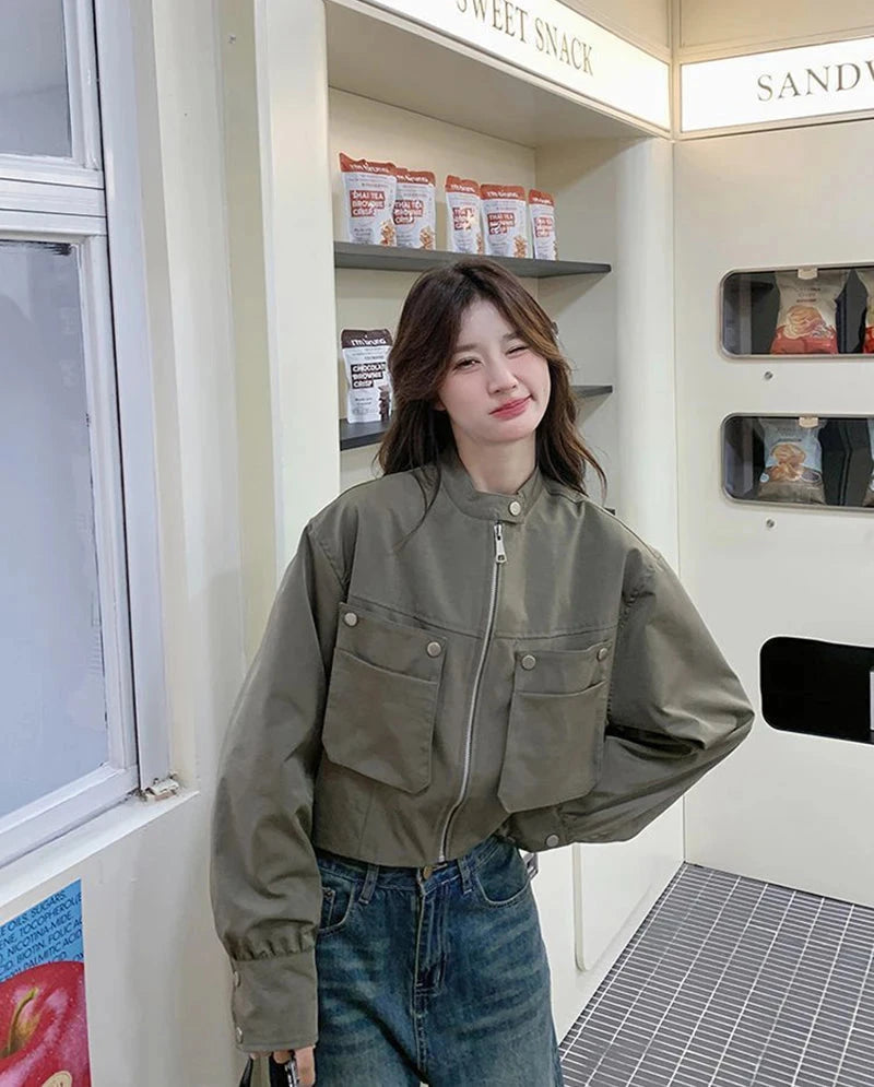 Streetwear Y2K Cropped Cargo Jacket Women Vintage Loose Pockets Harajuku Short Coat American Casual Fall O Neck Long Sleeve Tops voguable