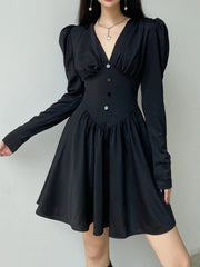 V-Neck Long Sleeve Pleated Party Dress mysite