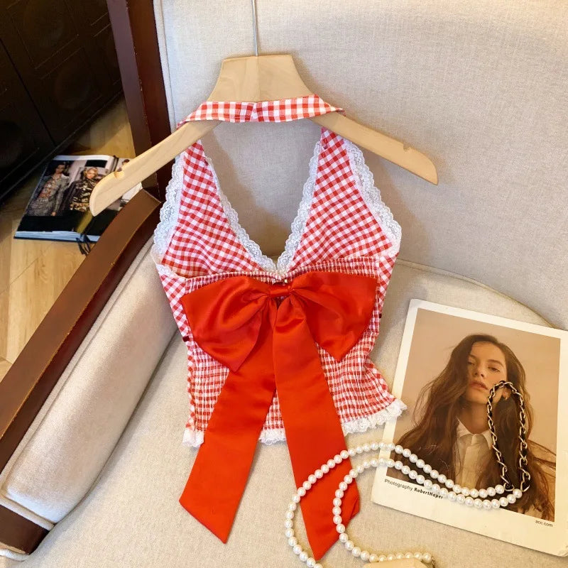 French Sweet Spicy Camis Hanging Neck Camisole Lace Patchwork Plaid Print Short Top Sexy Deep V-neck Bandage Halter Crop Tops voguable