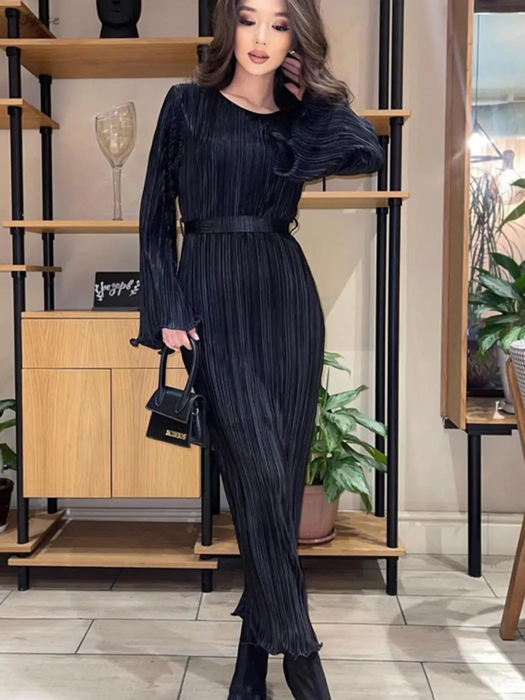 Women's Autumn New Fashion Pleat Belted Vestidos Elegant Flare Long Sleeve Long Fold Long Dress Party Prom Slim Robe voguable