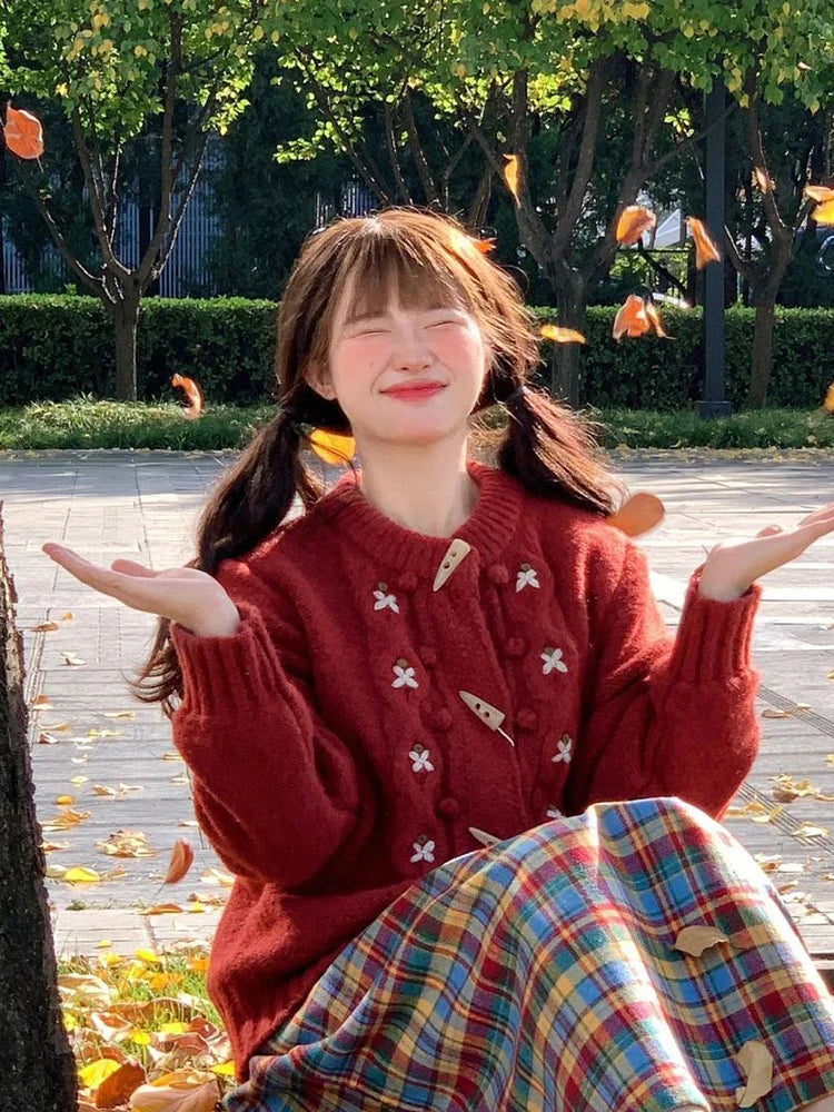 Christmas Red Sweet Cardigan Women Vintage Preppy Style Japan Knitted Sweater Casual Lazy Wind Female Fall Winter Tops New voguable