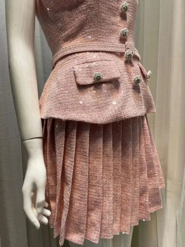 Women's Tweed Sequins Spliced 2 Pcs Set  Lapel Lace-up Sleeveless Belt Coat Pleated Mini Skirts Set 2025 New Tide voguable