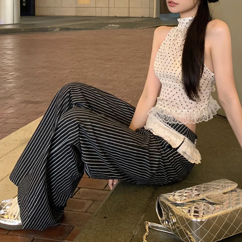 Voguable 2024 Summer New Streetwear Polka Dot Lace Patchwork Sexy Camisole Women + Contrast Color Striped Wide Leg Pants Two-piece Suit voguable