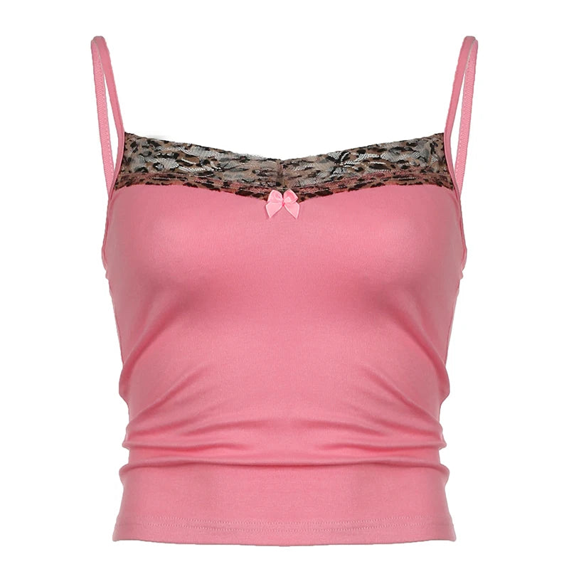Voguable Coquette Contrast Leopard Print Patchwork Cami Women Y2K Aesthetic Bow Appliques Spaghetti Straps Tops Sexy Slim-fit voguable