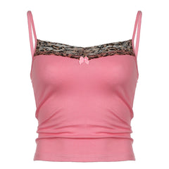 Voguable Coquette Contrast Leopard Print Patchwork Cami Women Y2K Aesthetic Bow Appliques Spaghetti Straps Tops Sexy Slim-fit voguable