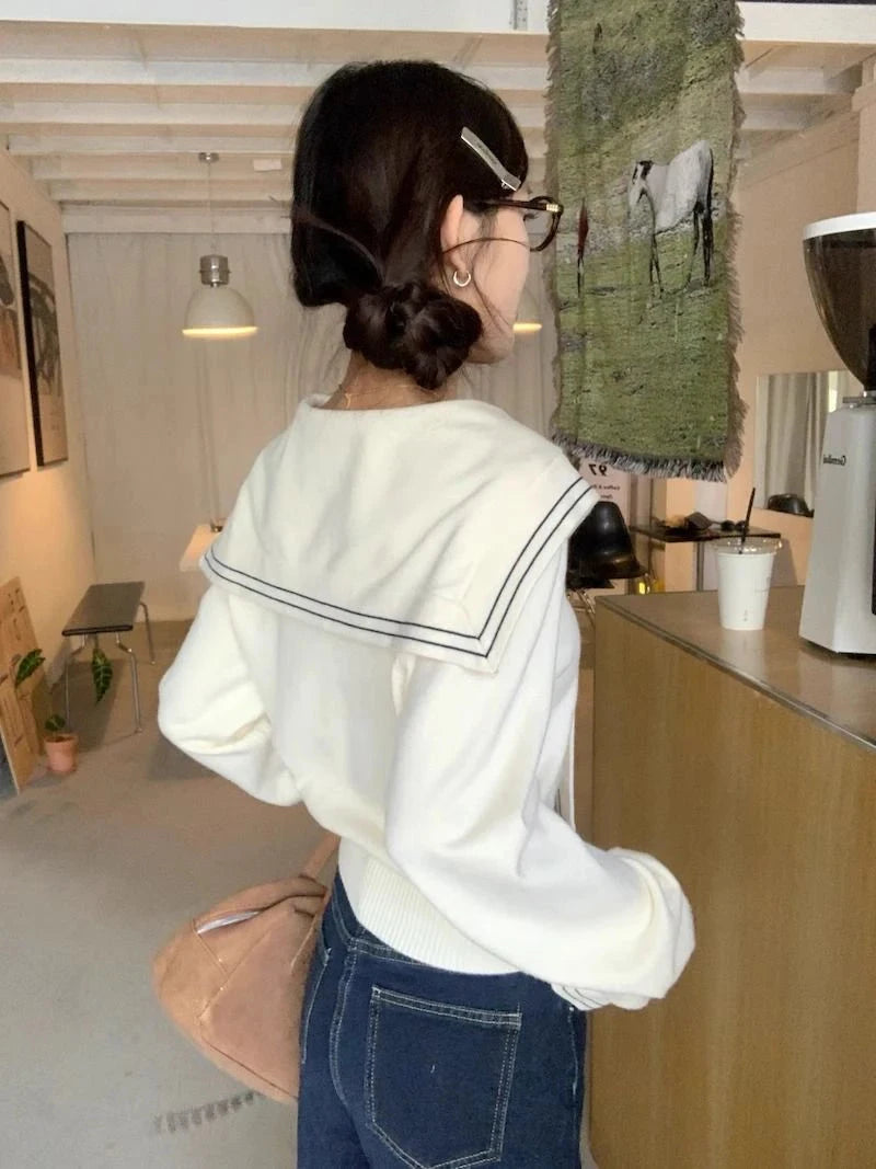 Sweet Sailor Collar Sweaters Women Vintage Preppy Style Fall Knitted Jumpers Casual Long Sleeve Lady Loose Striped Pullover New voguable