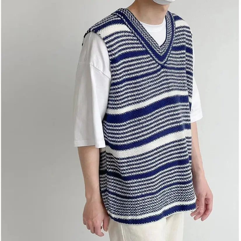 V-neck Striped Knitwear Men's Vest Autumn Pullover Sweater Sleeveless Blue Black voguable
