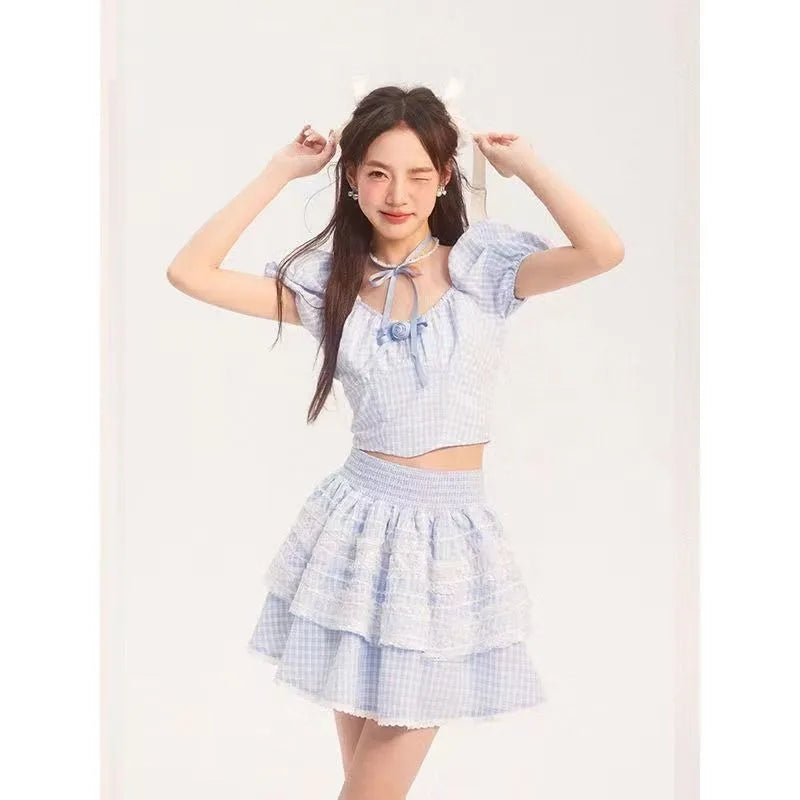 Voguable 2024 Summer Lolita Kawaii Suit Woman Lace Sweet Plaid Set Casual Short Tops Princess Party Y2k Mini Skirt Fashion Clothing Chic voguable