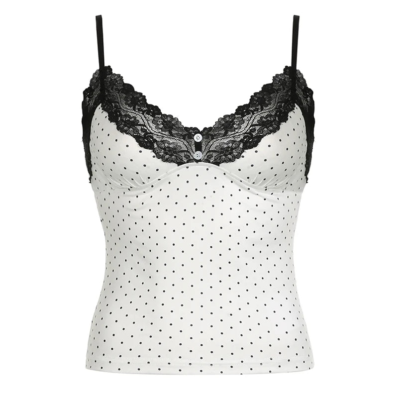Voguable  Y2K Polka Dot Crop Top Sexy Buttons Contrast Lace Patchwork V-neck Camisole Coquette Casual Basic Tank Tops All-match voguable