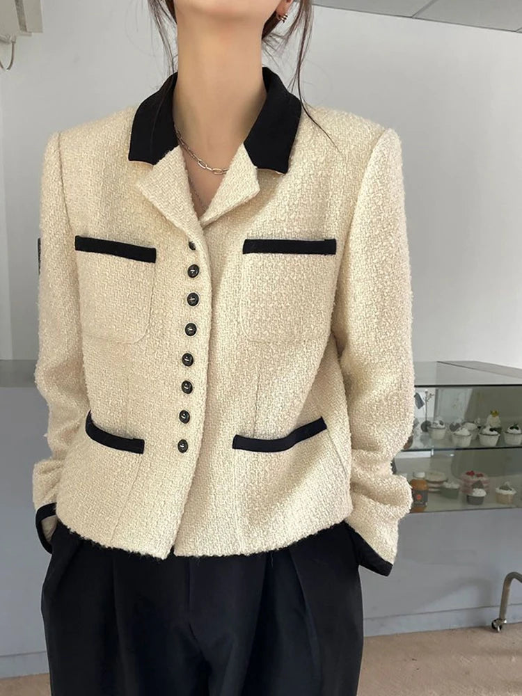 Voguable  Office Lady Chic Elegant Tweed Jacket French Sweet Long Sleeve Coat Women Fashion Turn Down Collar Fall Winter New Tops voguable