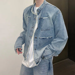 Men's Casual Washed Denim Jacket Streetwear Ripped Stand Collar Texture Korean Harajuku Retro Long Sleeve Luxury Coat