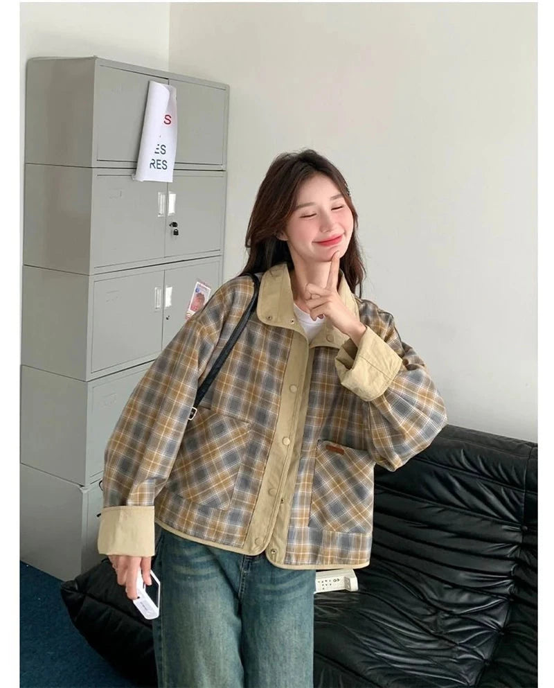 Vintage Plaid Cargo Jacket Women Retro Double Sided Wear Preppy Style Sweet Coat Korean Fall Winter Long Sleeve Pockets Top voguable