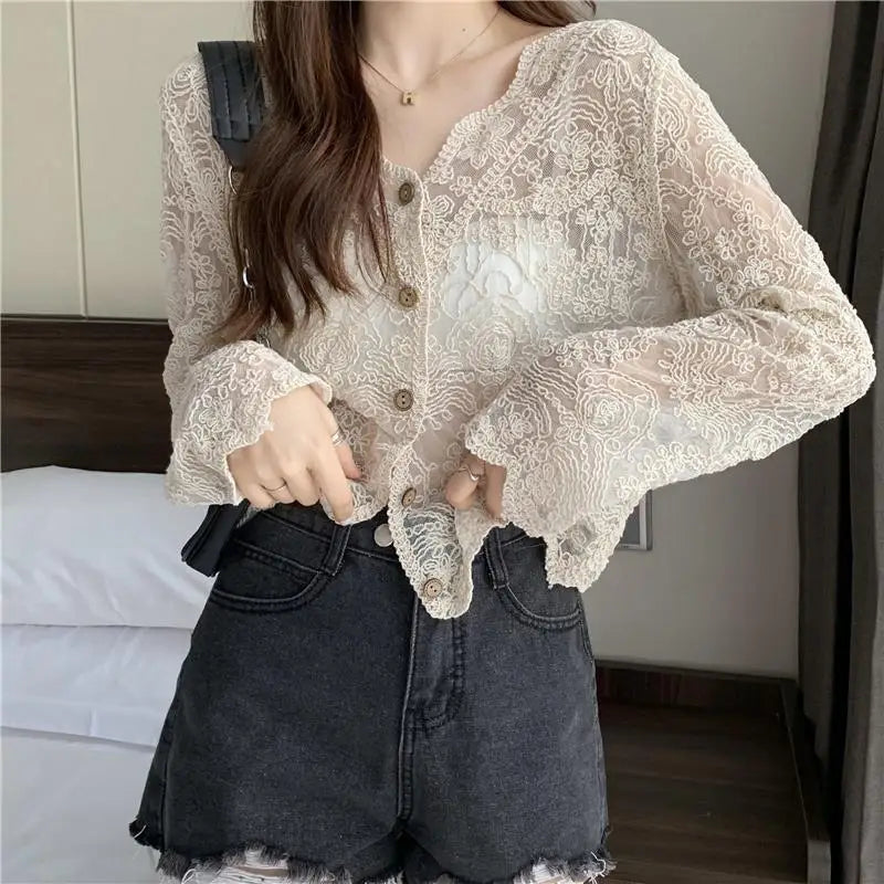 Voguable  Hollow Out Lace Summer Cardigan Women Korean Style V Neck Embroidered Floral Shirt Woman Lightweight Thin Solid Long Sleeve Top voguable