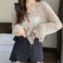 Voguable  Hollow Out Lace Summer Cardigan Women Korean Style V Neck Embroidered Floral Shirt Woman Lightweight Thin Solid Long Sleeve Top voguable