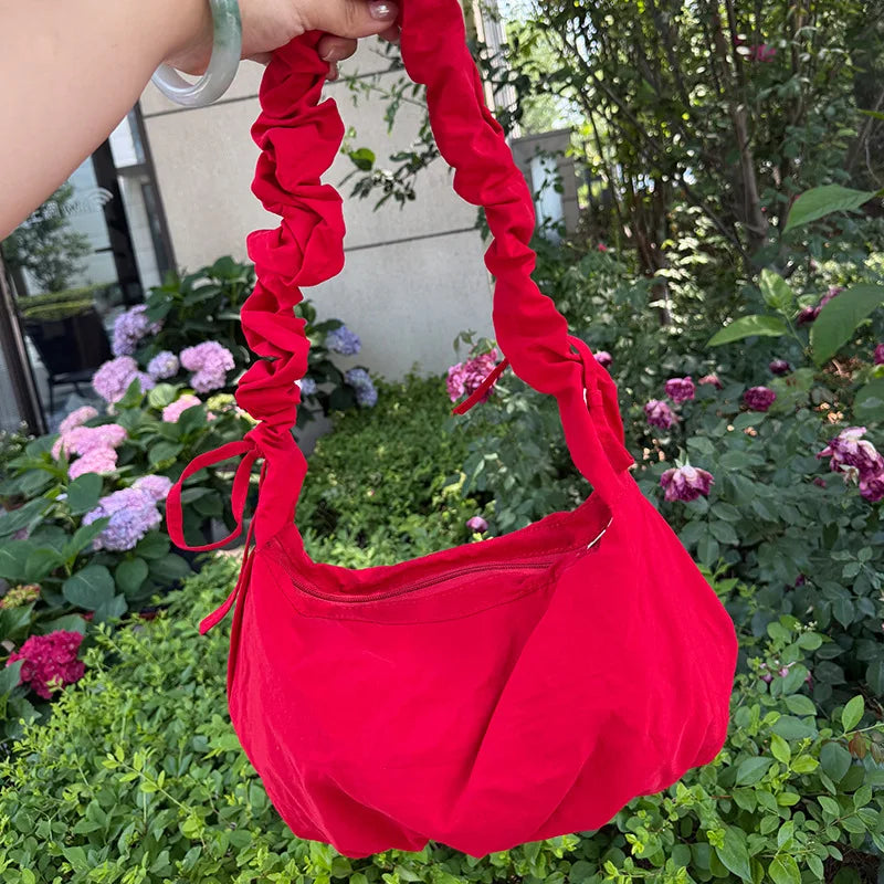 Korean Casual Pleated Drawstring Handbags Women Fashion Simple Solid Crossbody Bag Sweet Y2k Aesthetic Office Lady Shoulder Bags voguable