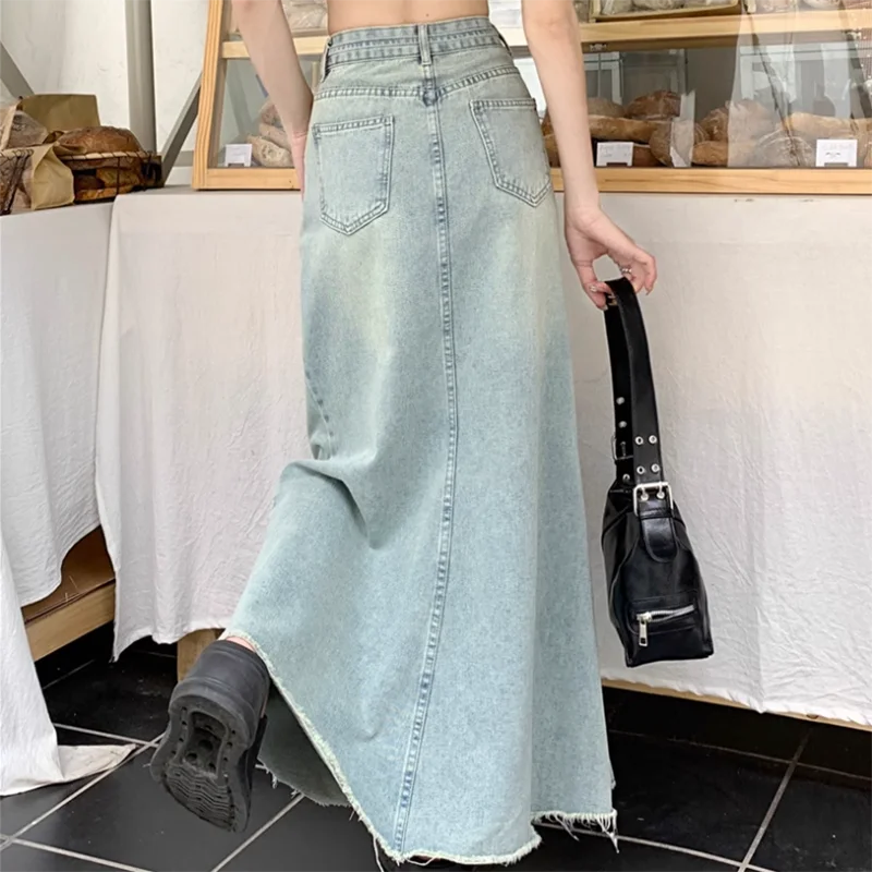 Voguable  Women's High Waist Long Skirt Korean Style Solid Color Loose Fit Denim Half-Body Fishtail Summer Fashion Design New Arrivals voguable
