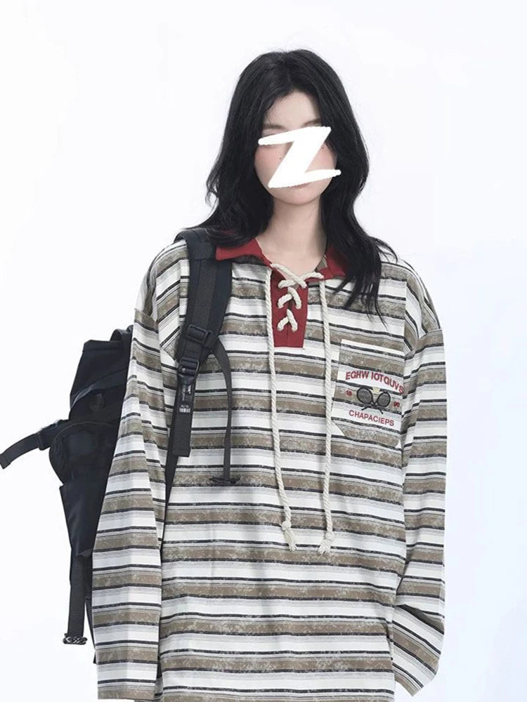 Retro Preppy Style Striped T Shirt Women Loose Long Sleeve American Retro Tees Fall New Letter Embroidery Lace Up Patchwork Tops voguable